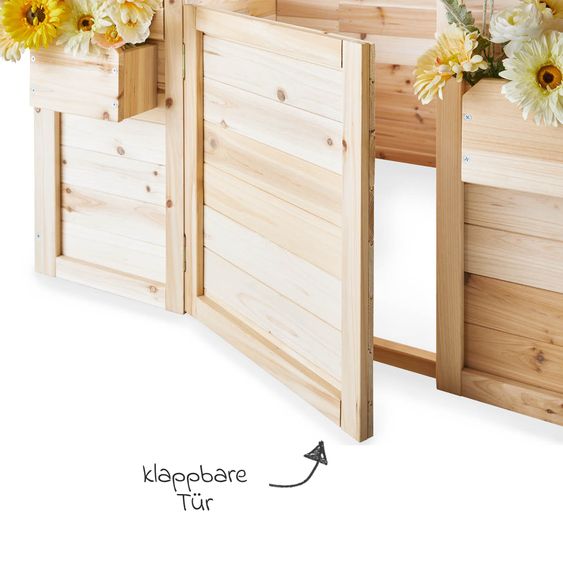 Pinolino Outdoor Spielhaus Knut inkl. 4 Tafelfläche, 1 Drehtür, 5 Ablageflächen & 2 Blumenkästen - Fichte massiv - Natur