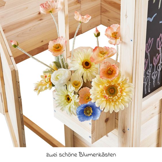Pinolino Outdoor Spielhaus Knut inkl. 4 Tafelfläche, 1 Drehtür, 5 Ablageflächen & 2 Blumenkästen - Fichte massiv - Natur