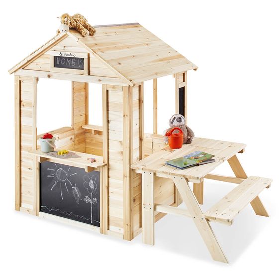Pinolino Outdoor Spielhaus Knut inkl. 4 Tafelfläche, 1 Drehtür, 5 Ablageflächen & 2 Blumenkästen - Fichte massiv - Natur