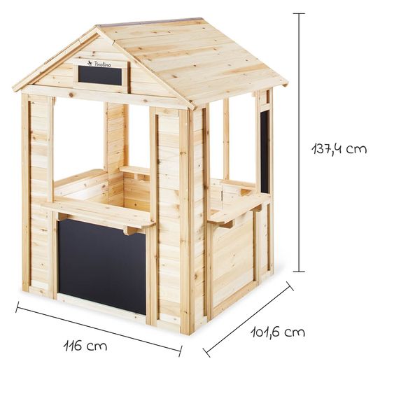 Pinolino Outdoor Spielhaus Knut inkl. 4 Tafelfläche, 1 Drehtür, 5 Ablageflächen & 2 Blumenkästen - Fichte massiv - Natur