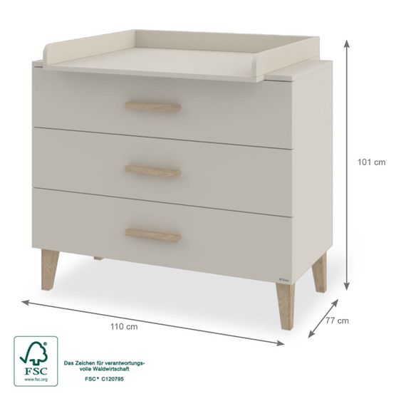 Pinolino Wickelkommode Tami breit mit abnehmbarem Wickelaufsatz inkl. 3 Schubkästen - Uni Beige