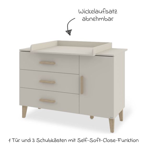 Pinolino Changing table Tami extra wide with removable changing top incl. 3 drawers & 1 door - Uni Beige