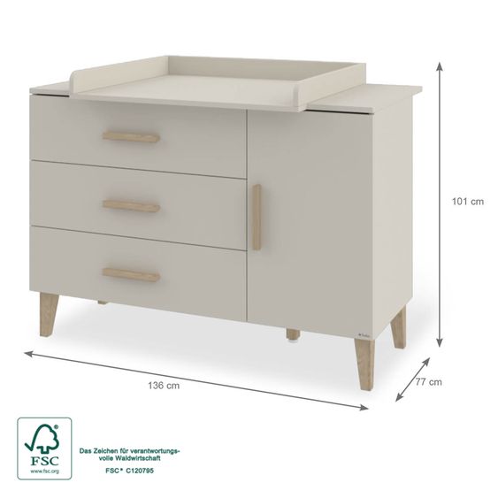Pinolino Changing table Tami extra wide with removable changing top incl. 3 drawers & 1 door - Uni Beige