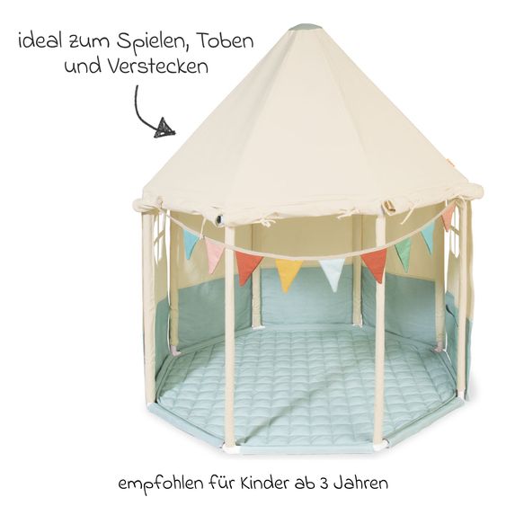 Pinolino Zelt Pavillon Yuma mit Fenster, Bodenplatte, Wimpelkette  &  Aufbewahrungsbeutel - Naturweiß / Pastellblau