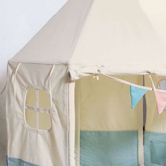 Pinolino Zelt Pavillon Yuma mit Fenster, Bodenplatte, Wimpelkette  &  Aufbewahrungsbeutel - Naturweiß / Pastellblau