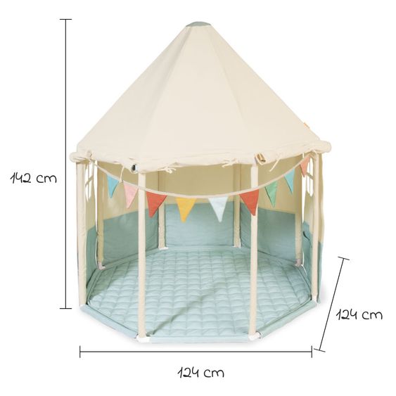 Pinolino Zelt Pavillon Yuma mit Fenster, Bodenplatte, Wimpelkette  &  Aufbewahrungsbeutel - Naturweiß / Pastellblau