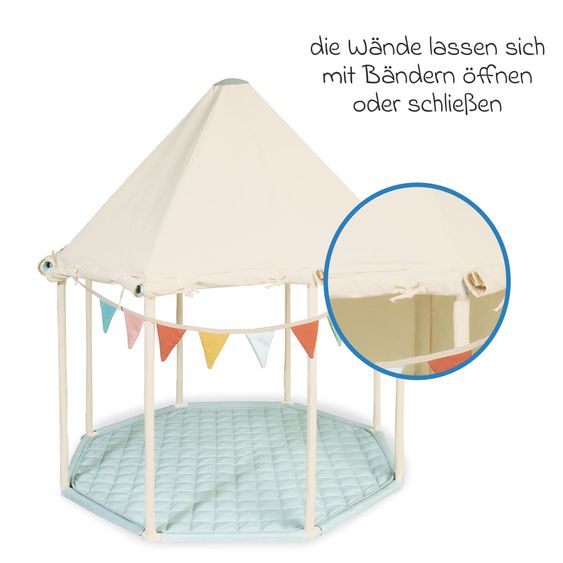 Pinolino Zelt Pavillon Yuma mit Fenster, Bodenplatte, Wimpelkette  &  Aufbewahrungsbeutel - Naturweiß / Pastellblau