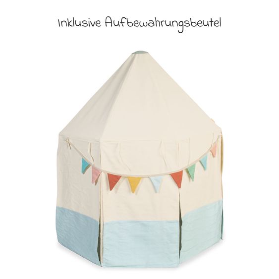 Pinolino Zelt Pavillon Yuma mit Fenster, Bodenplatte, Wimpelkette  &  Aufbewahrungsbeutel - Naturweiß / Pastellblau