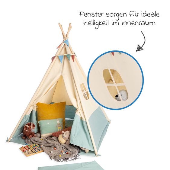 Pinolino Zelt Tipi Yuma mit Fenster, Bodenplatte, Wimpelkette  &  Aufbewahrungsbeutel - Natur