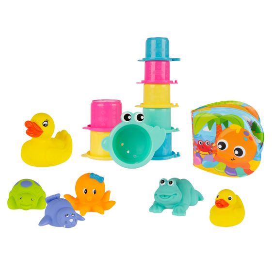 playgro 15-tlg. Geschenkset Badespielzeug mit 8 Stapelbechern, 6 Badetieren & 1 Badebuch