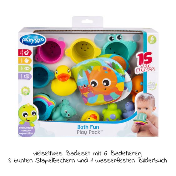 playgro 15-tlg. Geschenkset Badespielzeug mit 8 Stapelbechern, 6 Badetieren & 1 Badebuch