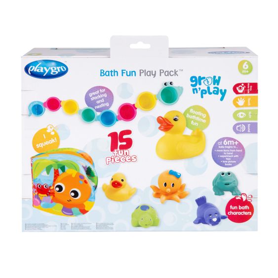 playgro 15-tlg. Geschenkset Badespielzeug mit 8 Stapelbechern, 6 Badetieren & 1 Badebuch