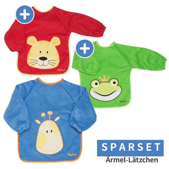 Playshoes Ärmel-Lätzchen 3er Pack - Giraffe Blau, Tiger Rot & Frosch Grün