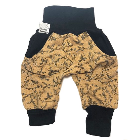 Puschl deluxe Baby Pumphose Vögel - Senf / Schwarz - Gr. 50/56