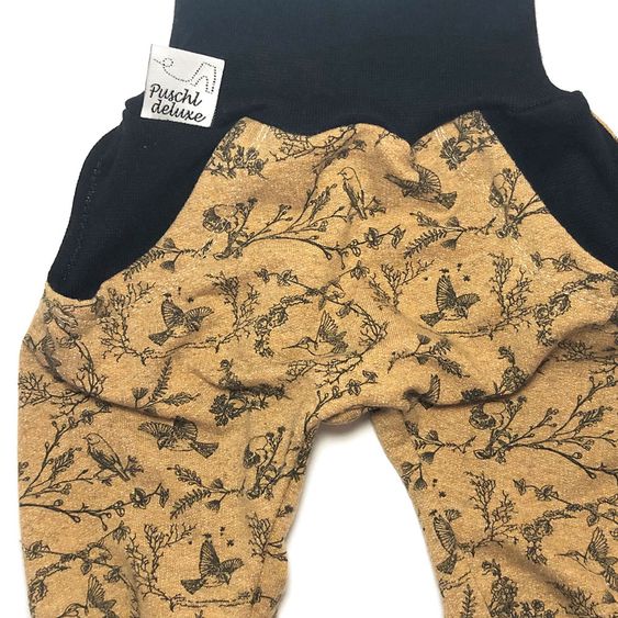 Puschl deluxe Baby Pumphose Vögel - Senf / Schwarz - Gr. 50/56