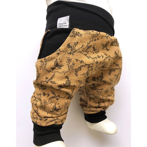 Puschl deluxe Baby Pumphose Vögel - Senf / Schwarz - Gr. 50/56