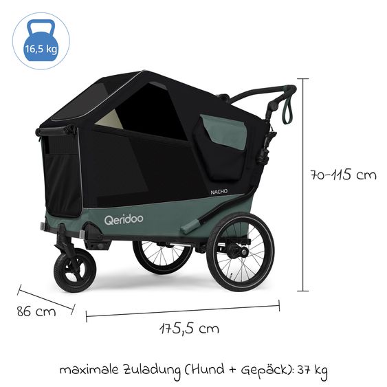Qeridoo Hundeanhänger Nacho L auch als Buggy nutzbar mit Kupplung  bis 53,5 kg - Green