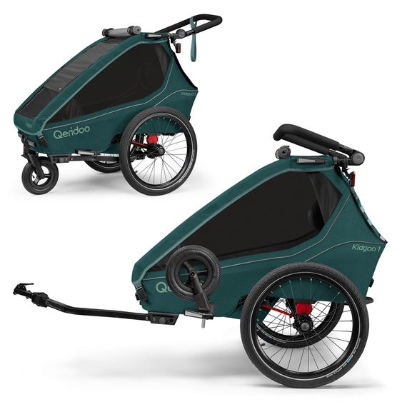 Qeridoo Kinderfahrradanhänger & Buggy Kidgoo 1 für 1 Kind (bis 50 kg) mit Kupplung, Dämpfsystem, XL-Kofferraum - Pacific Blue