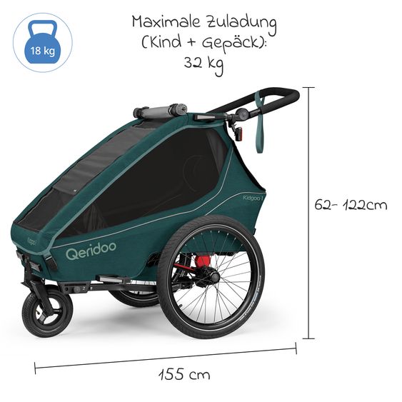 Qeridoo Kinderfahrradanhänger & Buggy Kidgoo 1 für 1 Kind (bis 50 kg) mit Kupplung, Dämpfsystem, XL-Kofferraum - Pacific Blue