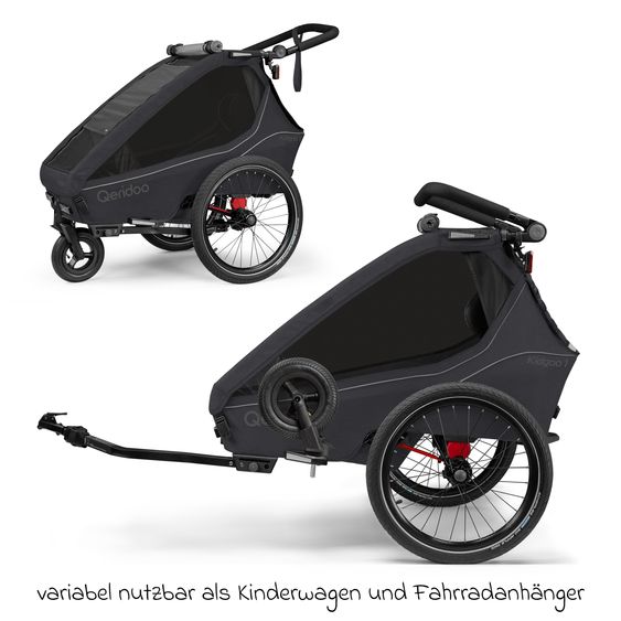 Qeridoo Kinderfahrradanhänger & Buggy Kidgoo 1 für 1 Kind (bis 50 kg) mit Kupplung, Dämpfsystem, XL-Kofferraum - Phantom Grey
