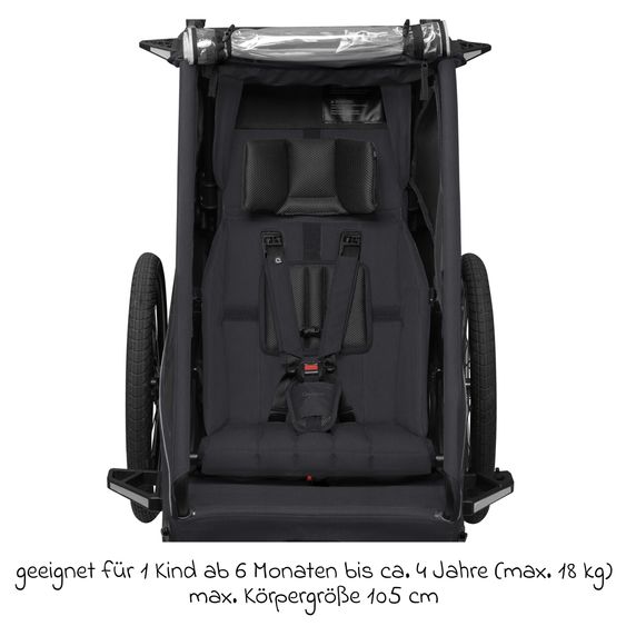 Qeridoo Kinderfahrradanhänger & Buggy Kidgoo 1 für 1 Kind (bis 50 kg) mit Kupplung, Dämpfsystem, XL-Kofferraum - Phantom Grey