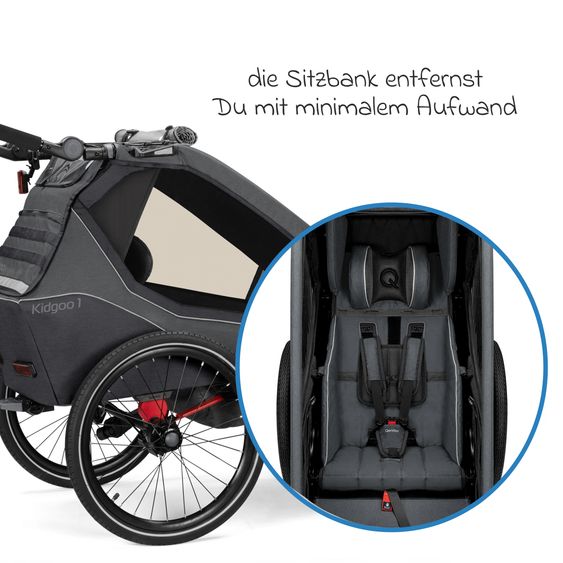 Qeridoo Kidgoo 1 children's bike trailer & buggy for 1 child with coupling, steam system, XL trunk (up to 50 kg) - Steel Grey