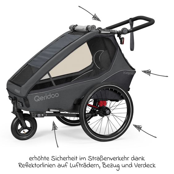 Qeridoo Kidgoo 1 children's bike trailer & buggy for 1 child with coupling, steam system, XL trunk (up to 50 kg) - Steel Grey