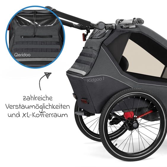 Qeridoo Kidgoo 1 children's bike trailer & buggy for 1 child with coupling, steam system, XL trunk (up to 50 kg) - Steel Grey