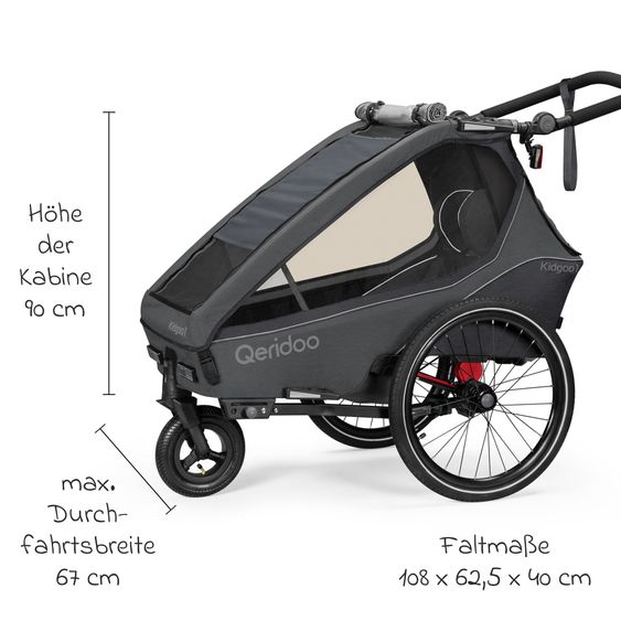 Qeridoo Kidgoo 1 children's bike trailer & buggy for 1 child with coupling, steam system, XL trunk (up to 50 kg) - Steel Grey