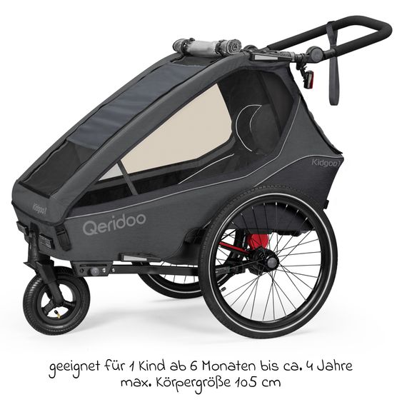 Qeridoo Kidgoo 1 children's bike trailer & buggy for 1 child with coupling, steam system, XL trunk (up to 50 kg) - Steel Grey