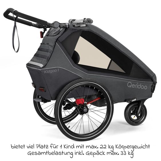 Qeridoo Kidgoo 1 children's bike trailer & buggy for 1 child with coupling, steam system, XL trunk (up to 50 kg) - Steel Grey