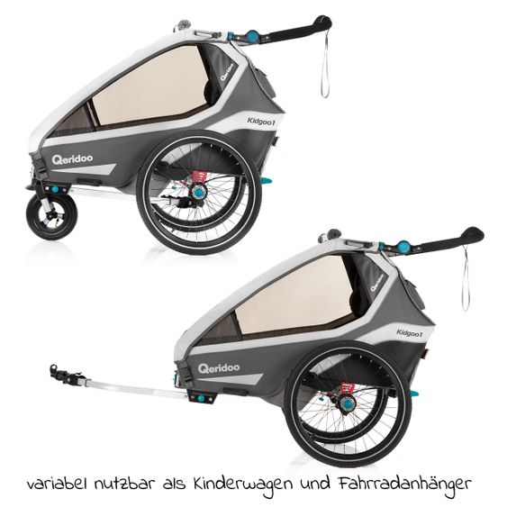 Qeridoo Kinderfahrradanhänger & Buggy Kidgoo 1 für 1 Kind mit Kupplung, Dämpfsystem, XL-Kofferraum (bis 50 kg) - Steel Grey