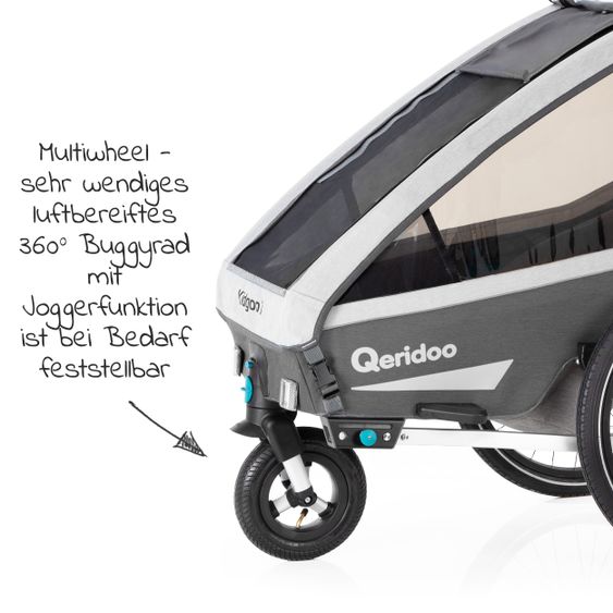 Qeridoo Kinderfahrradanhänger & Buggy Kidgoo 1 für 1 Kind mit Kupplung, Dämpfsystem, XL-Kofferraum (bis 50 kg) - Steel Grey