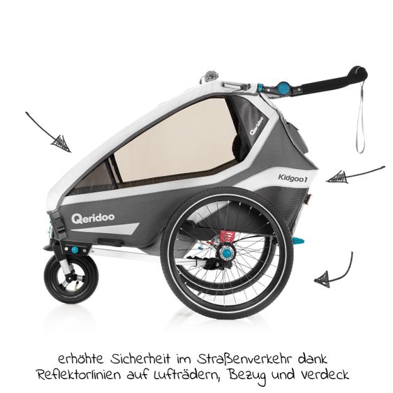 Qeridoo Kinderfahrradanhänger & Buggy Kidgoo 1 für 1 Kind mit Kupplung, Dämpfsystem, XL-Kofferraum (bis 50 kg) - Steel Grey