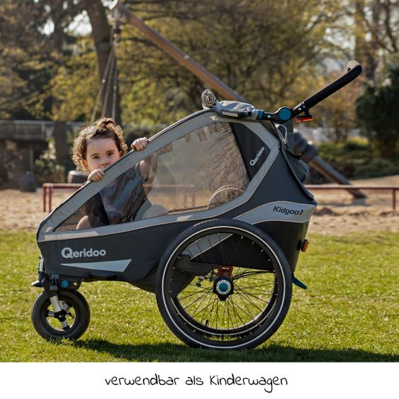 Qeridoo Kinderfahrradanhänger & Buggy Kidgoo 1 für 1 Kind mit Kupplung, Dämpfsystem, XL-Kofferraum (bis 50 kg) - Steel Grey