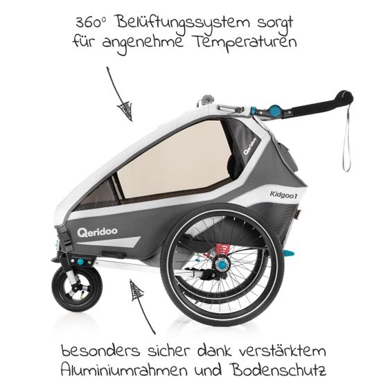 Qeridoo Kinderfahrradanhänger & Buggy Kidgoo 1 für 1 Kind mit Kupplung, Dämpfsystem, XL-Kofferraum (bis 50 kg) - Steel Grey