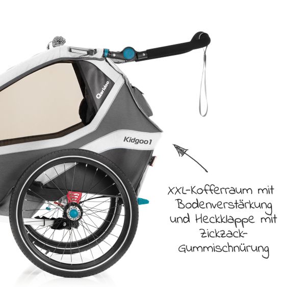 Qeridoo Kinderfahrradanhänger & Buggy Kidgoo 1 für 1 Kind mit Kupplung, Dämpfsystem, XL-Kofferraum (bis 50 kg) - Steel Grey