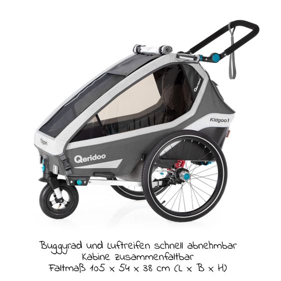 Qeridoo Kinderfahrradanhänger & Buggy Kidgoo 1 für 1 Kind mit Kupplung, Dämpfsystem, XL-Kofferraum (bis 50 kg) - Steel Grey