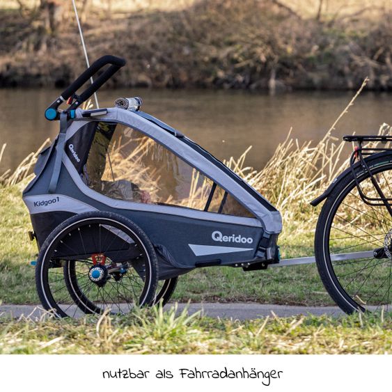 Qeridoo Kinderfahrradanhänger & Buggy Kidgoo 1 für 1 Kind mit Kupplung, Dämpfsystem, XL-Kofferraum (bis 50 kg) - Steel Grey