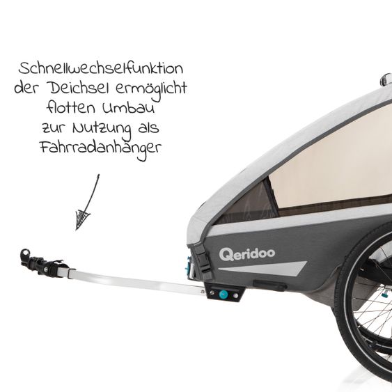 Qeridoo Kinderfahrradanhänger & Buggy Kidgoo 1 für 1 Kind mit Kupplung, Dämpfsystem, XL-Kofferraum (bis 50 kg) - Steel Grey