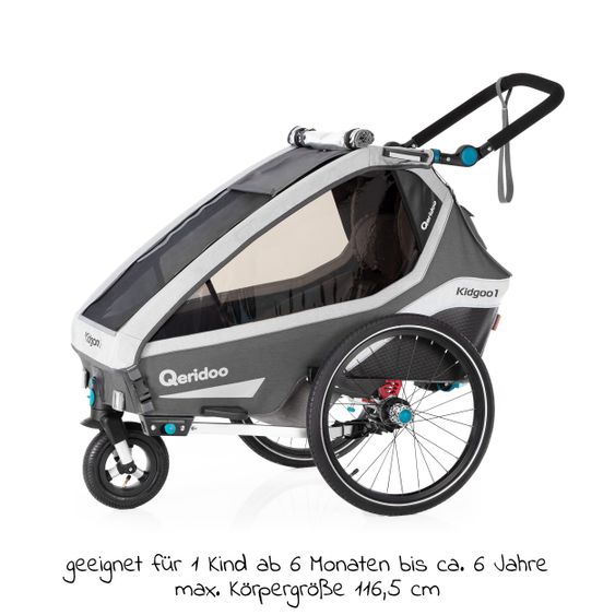 Qeridoo Kinderfahrradanhänger & Buggy Kidgoo 1 für 1 Kind mit Kupplung, Dämpfsystem, XL-Kofferraum (bis 50 kg) - Steel Grey