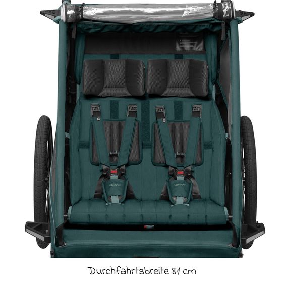 Qeridoo Kinderfahrradanhänger & Buggy Kidgoo 2 für 2 Kinder (bis 60 kg) mit Kupplung, Dämpfsystem, XL-Kofferraum - Pacific Blue