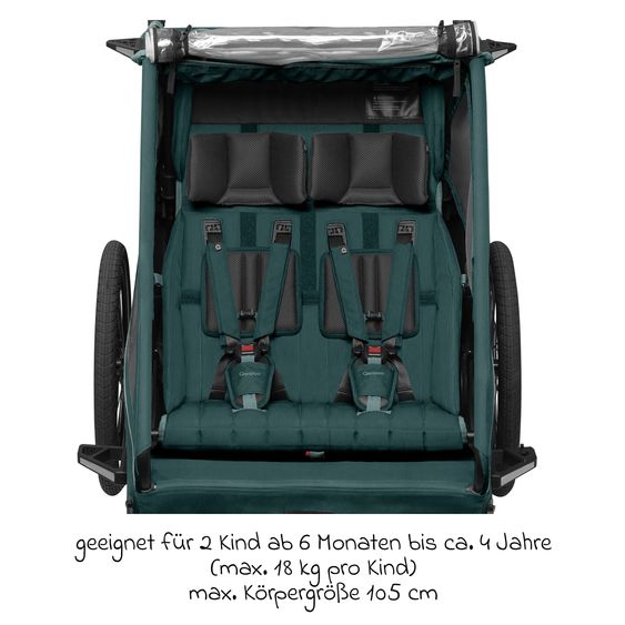 Qeridoo Kinderfahrradanhänger & Buggy Kidgoo 2 für 2 Kinder (bis 60 kg) mit Kupplung, Dämpfsystem, XL-Kofferraum - Pacific Blue