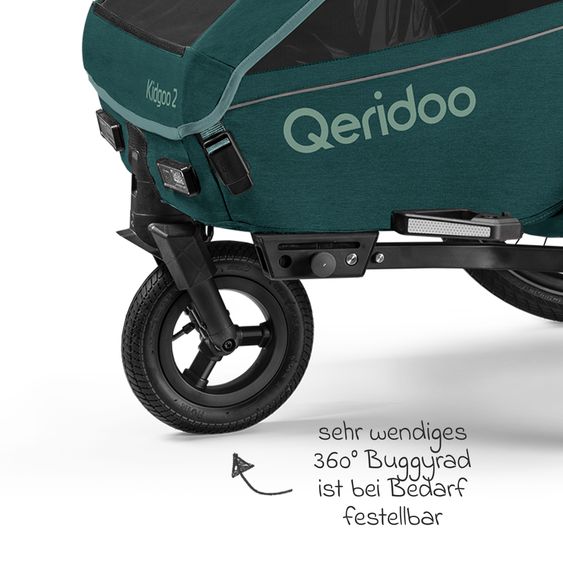 Qeridoo Kinderfahrradanhänger & Buggy Kidgoo 2 für 2 Kinder (bis 60 kg) mit Kupplung, Dämpfsystem, XL-Kofferraum - Pacific Blue