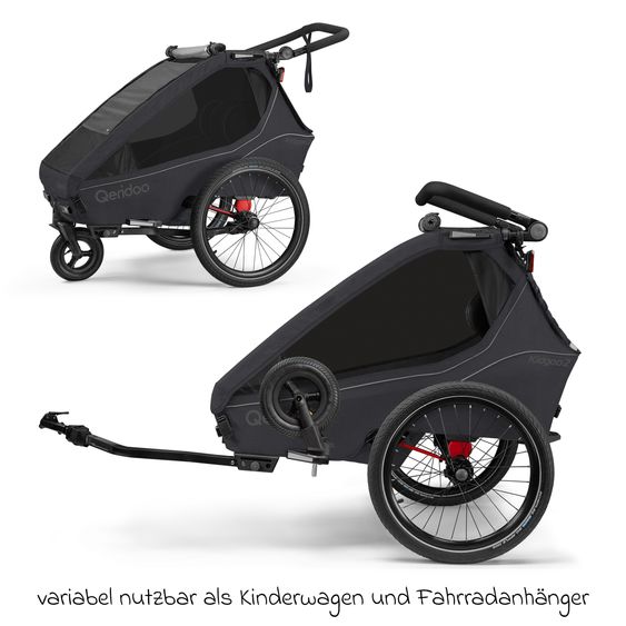 Qeridoo Kinderfahrradanhänger & Buggy Kidgoo 2 für 2 Kinder (bis 60 kg) mit Kupplung, Dämpfsystem, XL-Kofferraum - Phantom Grey