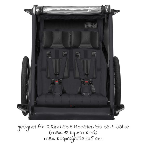 Qeridoo Kinderfahrradanhänger & Buggy Kidgoo 2 für 2 Kinder (bis 60 kg) mit Kupplung, Dämpfsystem, XL-Kofferraum - Phantom Grey