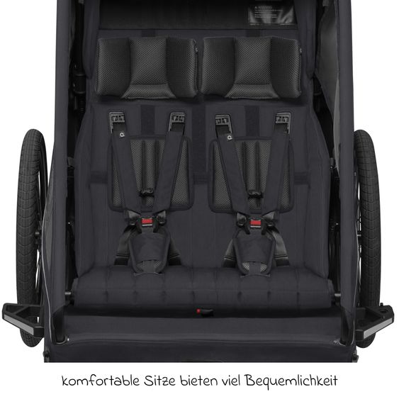Qeridoo Kinderfahrradanhänger & Buggy Kidgoo 2 für 2 Kinder (bis 60 kg) mit Kupplung, Dämpfsystem, XL-Kofferraum - Phantom Grey
