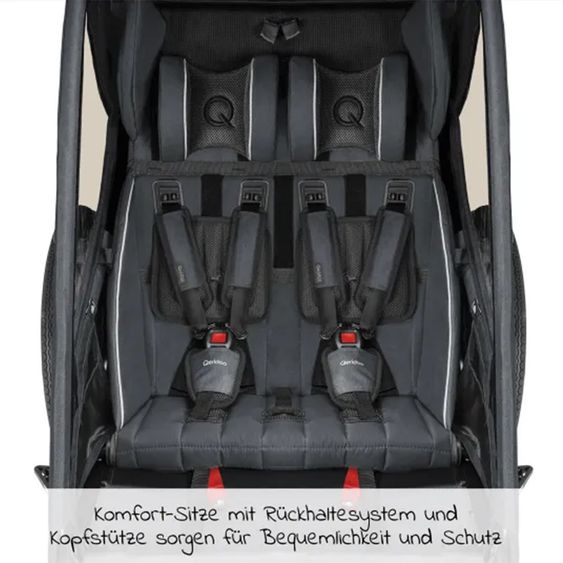 Qeridoo Kidgoo 2 children's bike trailer & buggy for 2 children with coupling, shock absorption system, XL trunk (up to 60 kg) - Steel Grey
