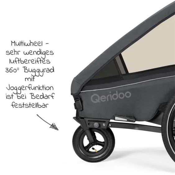 Qeridoo Kidgoo 2 children's bike trailer & buggy for 2 children with coupling, shock absorption system, XL trunk (up to 60 kg) - Steel Grey