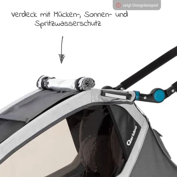 Qeridoo Kidgoo 2 children's bike trailer & buggy for 2 children with coupling, shock absorption system, XL trunk (up to 60 kg) - Steel Grey